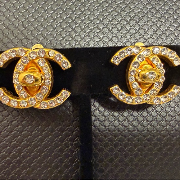 Vintage CHANEL Gold and Rhinestone Twist Lock Logo Earrings - Picture 4 of 5